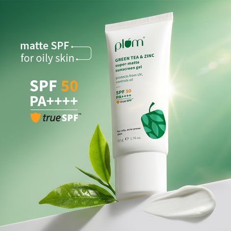 Buy Plum Green Tea & Zinc Super-Matte Sunscreen Gel | SPF 50 PA ++++, Formulated For Oily Skin | Protects & Controls Oil | Lightweight Gel Texture | No White Cast & Non-sticky | With Hybrid Filters |Fragrance-Free | 100% Vegan | 50 gm-Purplle