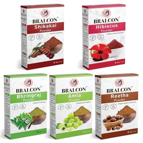 Buy BRALCON Organic Amla, Reetha, Shikakai, Bhringraj, Hibiscus Powder Combo-500 gm (100 gm x 5 Pack)|Amla Powder, Reetha Powder, Shikakai Powder, Bhringraj Powder, Hibiscus Flower Powder for Hair & Skin Care-Purplle
