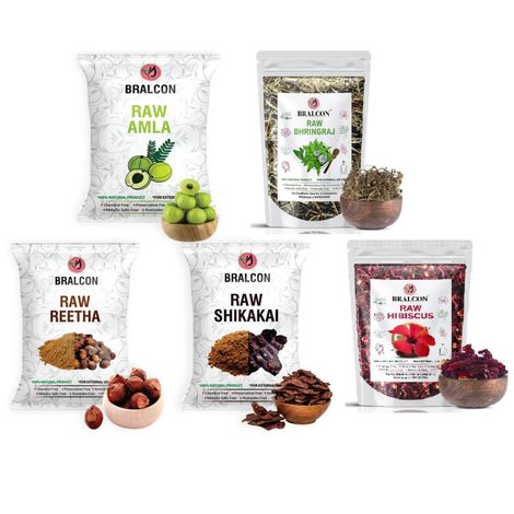 Buy BRALCON Organic Raw Reetha, Amla, Shikakai, bhringraj, Hibiscus Combo- 500 gm (100 gm x 5 Pack)|100% Natural Whole Dried Shikakai, Reetha Nuts, Amla | Hair growth | Hair & Skin Care | Pure Raw form-Purplle
