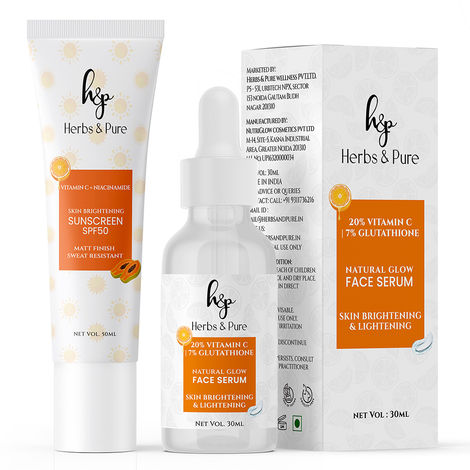 Buy Herbs & Pure Skin Brightening Vitamin C & Niacinamide Sunscreen SPF 50 For Quick Absorbing and Natural Glow 7% Glutathione Face Serum For Instantly and Skin Lightening 30 & 50 ml Pack of 2-Purplle