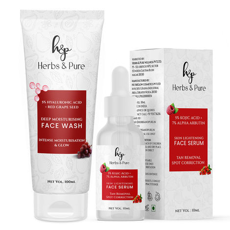 Buy Herbs & Pure Deep Moisturising 5% Hyaluronic Acid and Red Grapes Face Wash (100 ml) for Dark Spots & 5 % Kojic Acid and 7% Alpha Arbutin Face Seum (10 ml) for Tan Removal - Pack of 2-Purplle