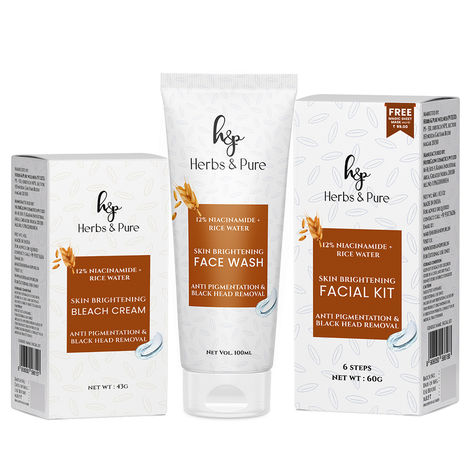 Buy Herbs & Pure Skin Brightening Facial Kit, Face Wash & Bleach with 12%Niacinamide & Rice Water For Anti Pigmentation Black Head Removal With Magic Sheet Mask Disposable Head Cap Unisex (203 gm Pack Of 3)-Purplle