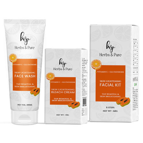 Buy Herbs & Pure Skin Lightening Facial Kit, Face Wash & Face Bleach With Vitamin C & Glutathione For Illumination Glowing Skin With Magic Sheet Mask And Disposable Head Cap|No Sulphates Unisex(203 gm_Pack Of 3)-Purplle