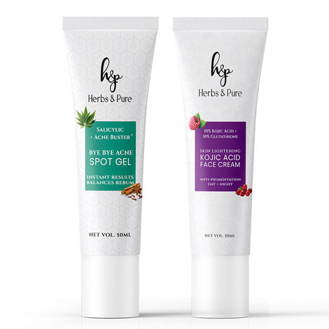 Buy Herbs & Pure Bye Bye Acne 3% Salicylic Acid And Acne Buster Spot Gel,Pimple Removal Gel, Acne-Prone Skin & Skin Lightening Kojic And Glutathione Spot Correction Face Cream, 100 ml Pack of 2-Purplle