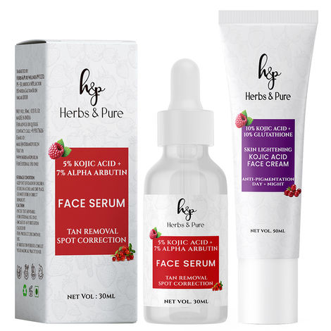 Buy Herbs & Pure Skin Lightening Kojic Acid Face Serum (30 ml) and Face Cream (50 ml) for Tan Removal and Spot Correction,| Unisex, All Skin Types | 100% Vegan, Pack of 2-Purplle