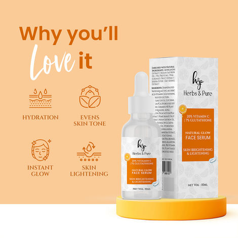 Herbs & Pure Natural Glow 20% Vitamin C & 7% Glutathione Face Serum For Glowing Skin 10 ml | All Skin Types | Women & Men | Pack of 2 Herbs & Pure Natural Glow 20% Vitamin C & 7% Glutathione Face Serum For Glowing Skin 10 ml | All Skin Types | Women & Men | Pack of 2
