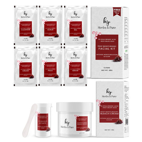 Buy Herbs & Pure Deep Moisturising Facial Kit ( 60 gm)& Bleach (43 gm)With Hyaluronic Acid & Red Grapes for Dark spots Reduction|6 Steps Skin Care|With Magic Sheet Mask & Disposable Head Cap Pack of 2-Purplle