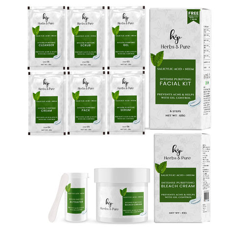 Buy Herbs & Pure Intense Purifying Facial kit & Bleach(43 gm)With Neem and Salicylic Acid For Prevents Acne & Oil Control With Magic Sheet Mask and Disposable Head Cap|Unisex 60 gm-Pack of 2-Purplle