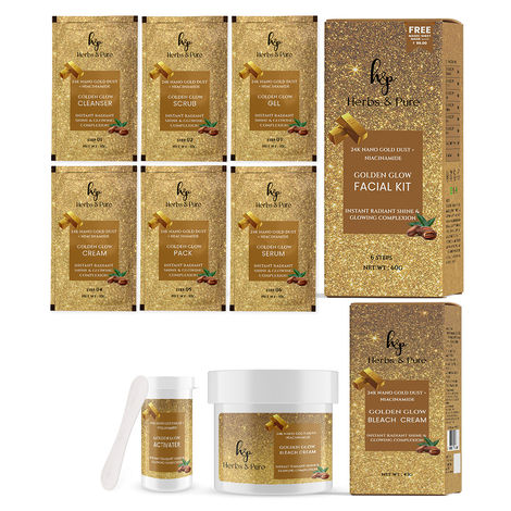 Buy Herbs & Pure Golden Glow Facial Kit( 60 gm) & Bleach (43 gm) 24K Nano Gold Dust & Niacinamide for Anti-aging|6-Pieces Skin Care/Skin Cleanup Set With Magic Sheet Mask and Head Cap, Pack of 2-Purplle