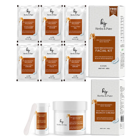 Buy Herbs & Pure Skin Brightening Facial Kit (60 gm) & Bleach (43 gm) With12% Niacinamide & Rice water for Anti Pigmentation|6 Steps Skin Care With Magic Sheet Mask and Disposable Head Cap, Pack of 2-Purplle