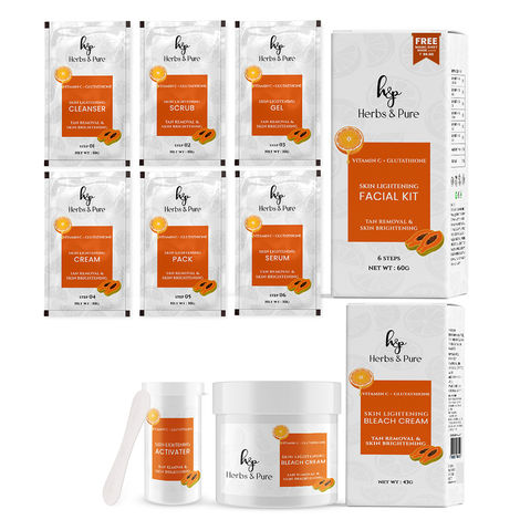 Buy Herbs & Pure Skin Lightening Facial kit (60 gm) & Bleach (43 gm)With Vitamin C & Glutathione for illumination & Glowing Skin With Magic Sheet Mask and Disposable Head Cap - Pack of 2-Purplle
