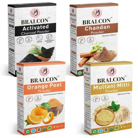 Buy BRALCON Activated Charcoal, Chandan, Orange, Multani Mitti Powder Combo-400 gm(100 gm x 4 Pack) for all Skin Types for Face & hairs in seperate Packaging-Purplle