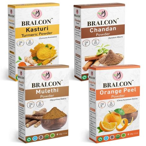 Buy BRALCON Kasturi Haldi, Chandan, Orange, Mulethi Powder Combo-400 gm(100 gm x 4 Pack)|Kasturi Manjal Powder, Sandalwood Powder, Orange Peel Powder, Liquorice/Mulethi Powder for Face Pack, Skin & Hair Seprate Pack-Purplle