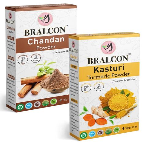 Buy BRALCON Organic Kasturi Haldi, Chandan Powder Combo- 200 gm(100 gm x 2 Pack) | sandalwood powder for face pack| amba haldi powder for Face seperate packaging-Purplle