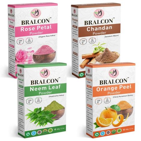 Buy BRALCON Rose, Chandan, Neem, Orange Powder Combo-400 gm(100 gm x 4 Pack, Organic) for Skin,Face Pack & Hair Growth-Purplle