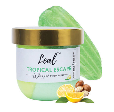 Buy Leal Tropical Escape Whipped Face & Body Sugar Scrub | Enriched with Green Tea, Shea Butter & Lemon | 2-in-1 Scrub & Soap for Exfoliating Dead Skin, Tan Removal & Blackheads - 200 gm-Purplle