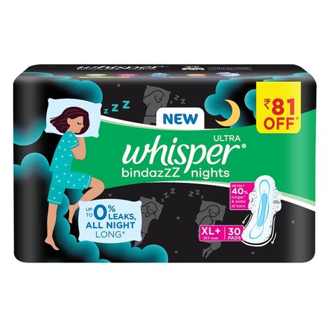 Buy Whisper Bindazzz Nights 30 XXL Sanitary Pads, Upto 0% Leaks All Night Long-Purplle
