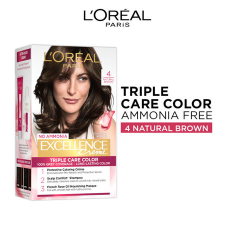Buy L'Oreal Paris NO AMMONIA EXCELLENCE CREAM, Radiant At-Home Hair Colour with up to 100% Grey Coverage, Pro-Keratin, Up to 8 Weeks of Colour, Excellence Creme, 4 Natural Brown, 72 ml + 100 gm-Purplle