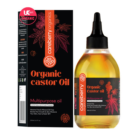 Buy Careberry Organic Castor Oil - Hexane-Free, USDA Certified Organic, Cold Pressed, 100% Natural Arandi Oil, Promotes Hair Growth, Enhances Eyelashes, Skin Moisture & Nail Strength, 200 ml-Purplle