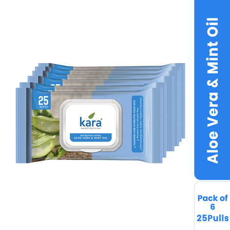 Buy Kara Refreshing Facial Wipes 25 Pulls - (Pack of 6) | Aloe Vera, Mint Oil & Vitamin E | Cleansing & Hydrating Face Wipes | Paraben-Free & Alcohol-Free-Purplle