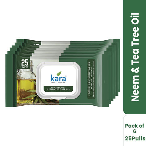 Buy Kara Refreshing Facial Wipes 25 Pulls - (Pack of 6) | Neem, Tea Tree Oil & Vitamin E | Purifying & Hydrating Wet Wipes | Paraben-Free & Alcohol-Free-Purplle