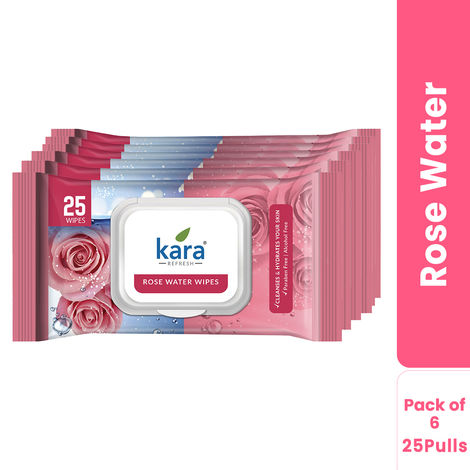 Buy Kara Refreshing Facial Wipes 25 Pulls - (Pack of 6) | Rose Water & Vitamin E | Soothing Cleansing & Hydration | Paraben-Free & Alcohol-Free-Purplle