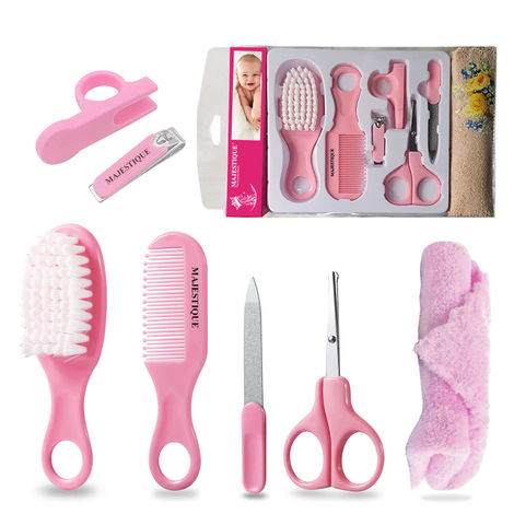 Buy Majestique Baby Grooming Set - Brush, Comb, Clipper, File & Baby Towel 7 Pcs - Pink (Color May Vary)-Purplle