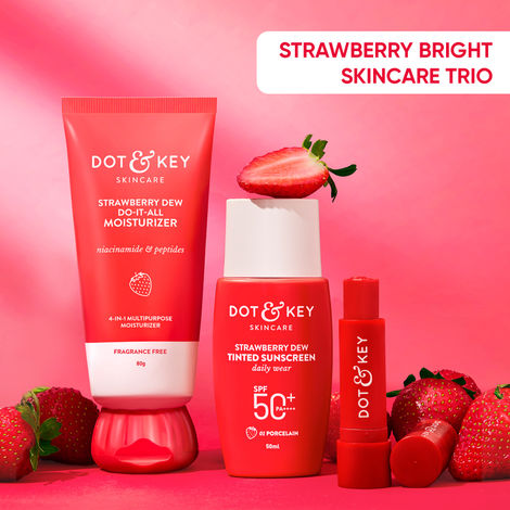 Buy Dot & Key Strawberry Bright Skincare Trio - Sunscreen, Moisturizer & Lip Balm - 134.5 gm-Purplle