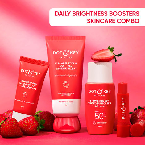 Buy Dot & Key Strawberry Daily Brightness Boosters Skincare Combo - Sunscreen, Strobe Cream, Moisturizer & Lip Balm - 184.5 gm-Purplle