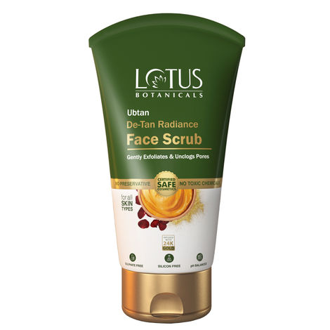 Buy Lotus Botanicals Ubtan De-Tan Radiance Face Scrub | Infused with 24K Gold | For Gentle Exfoliation, Unclogs Pores, Glowing & Rejuvenated Skin, Anti-Tan | No Silicon, No Sulphates, Non-Comedogenic, No Preservatives | 100 gm-Purplle