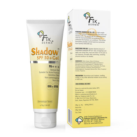 Buy Fixderma Shadow Sunscreen SPF 50+ Gel For Unisex, Sunscreen For Oily Skin, Sun Screen Protector SPF 50,Broad Spectrum Sunscreen For Uva & Uvb Protection,| Non Greasy & Water Resistant - 75 gm-Purplle