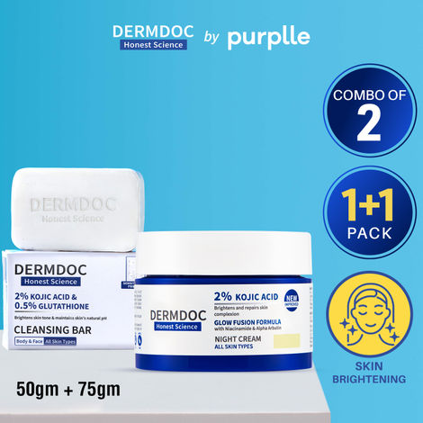 Buy DERMDOC by Purplle Glow & Cleanse Duo (Combo of 2) 2% Kojic Acid Glow Fusion Formula Night Cream (50 gm) | 2% Kojic Acid and 0.5% Glutathione Cleansing Bar (75 gm)-Purplle