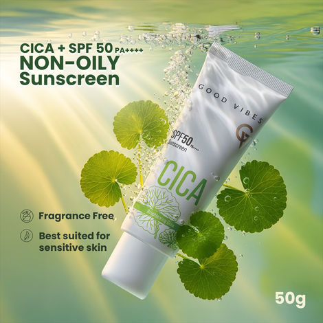 Buy Good Vibes CICA Brightening Glow Sunscreen SPF 50 PA++++|Cica Extract, 3% Niacinamide, & Hyaluronic Acid|Brightening Sunscreen|Lightweight Aqua Gel|Non-Greasy|No White Cast|Fragrance-Free|Suitable for All Skin Types|Suitable for Oily Skin - 50 gm-Purplle