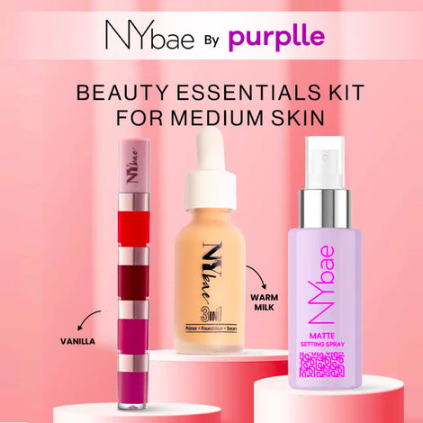 Buy NY Bae Beauty Essentials Kit for Medium Skin (3 in 1 Serum Foundation - Cool Toffee Milk (30 ml) + Matte Setting Spray (60 ml) + 4 in 1 Liquid Lipstick - Rose Rush (4 ml)-Purplle
