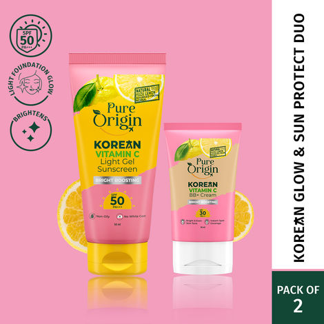 Buy Pure Origin Korean Vitamin C Gel Sunscreen (50 gm) & BB+ Cream (30 ml) | No White Cast, SPF 50 & PA+++ | Instant Spot Coverage | Long-lasting & Matte-finish | For All Skin Types - Combo of 2-Purplle