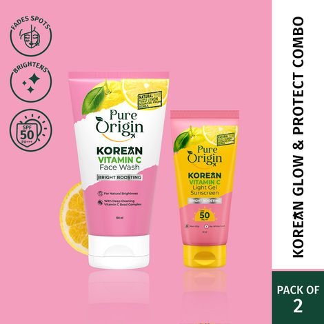 Buy Pure Origin Korean Vitamin C Gel Sunscreen (50 gm) & Face Wash (150 ml) | No White Cast, SPF 50 & PA+++ | Brightens & Fades Dark Spots | For All Skin Types - Combo of 2-Purplle
