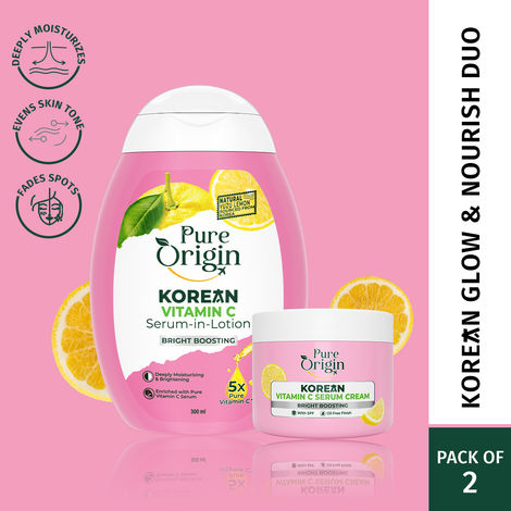 Buy Pure Origin Korean Vitamin C Serum Cream (50 gm) & Body Lotion (300 ml) Combo | Brightens & Fades Spots | Intense Moisture | For All Skin Types - Combo of 2-Purplle
