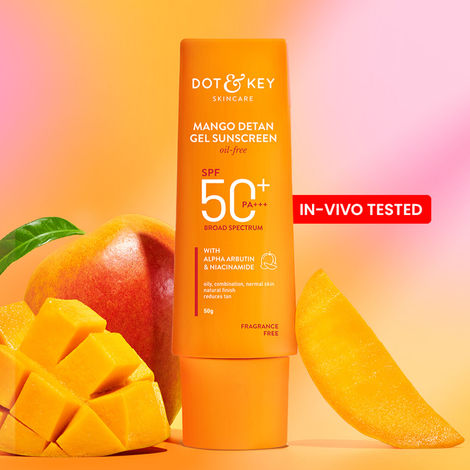Buy Dot & Key Mango Detan Gel Sunscreen SPF 50+ PA+++ In-Vivo Tested Sunscreen with Alpha-Arbutin & Niacinamide, Controls Tanning, 120 Minutes Water Resistant- 50g-Purplle