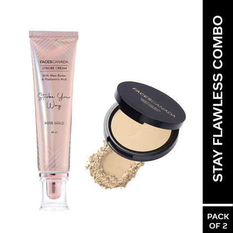 Buy FACES CANADA Stay Flawless Combo | Rose Gold Strobe Cream (30 ml) & Weightless Stay Matte Finish Compact Powder - Natural (9 gm) | Highlighter Glow | Flawless Finish | Hides Imperfections-Purplle