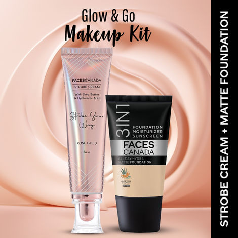 Buy FACES CANADA Rose Glow Kit 2 | Rose Gold Strobe Cream (30 ml) + Hydra Matte Foundation (Mini) - Absolute Ivory (18 ml) | Makeup Kit For Women (Combo Pack Of 2)-Purplle