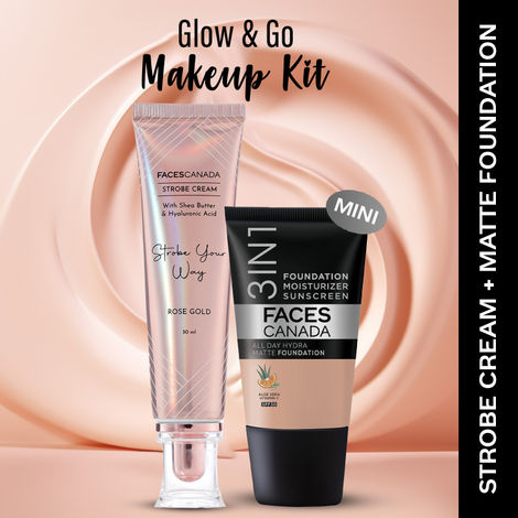 Buy FACES CANADA Rose Glow Kit 3 | Rose Gold Strobe Cream (30 ml) + Hydra Matte Foundation (Mini) - Warm Natural (18 ml) | Makeup Kit For Women (Combo Pack Of 2)-Purplle