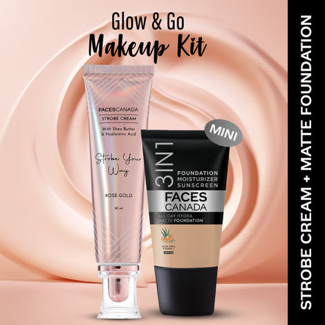Buy FACES CANADA Rose Glow Kit 4 | Rose Gold Strobe Cream (30 ml) + Hydra Matte Foundation (Mini) - Medium Natural (18 ml) | Makeup Kit For Women (Combo Pack Of 2)-Purplle