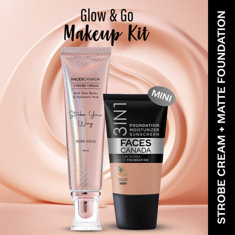 Buy FACES CANADA Rose Glow Kit 5 | Rose Gold Strobe Cream (30 ml) + Hydra Matte Foundation (Mini) - Caramel Natural (18 ml) | Makeup Kit For Women (Combo Pack Of 2)-Purplle