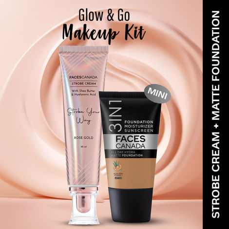 Buy FACES CANADA Rose Glow Kit 6 | Rose Gold Strobe Cream (30 ml) + Hydra Matte Foundation (Mini) - Warm Sand (18 ml) | Makeup Kit For Women (Combo Pack Of 2)-Purplle
