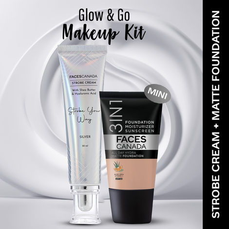 Buy FACES CANADA Celeb Glow Kit 3 | Silver Strobe Cream (30 ml) + Hydra Matte Foundation (Mini) - Warm Natural (18 ml) | Makeup Kit For Women (Combo Pack Of 2)-Purplle