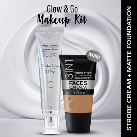 Buy FACES CANADA Celeb Glow Kit 6 | Silver Strobe Cream (30 ml) + Hydra Matte Foundation (Mini) - Warm Sand (18 ml) | Makeup Kit For Women (Combo Pack Of 2)-Purplle