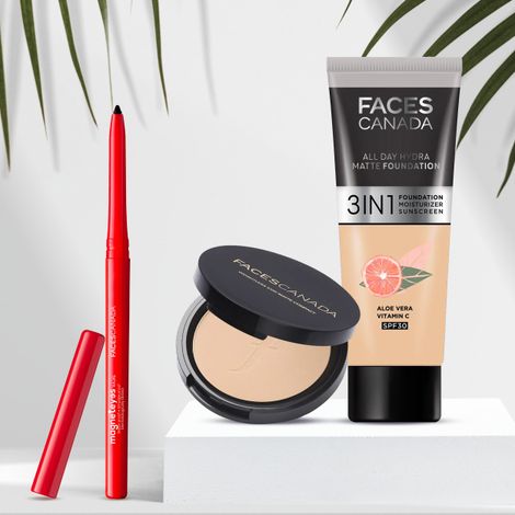 Buy FACES CANADA Compact + Foundation + Kajal Kit | Weightless Stay Matte Compact Powder - Ivory (9 gm) | All Day Hydra Matte Foundation (Mini) - Absolute Ivory (18 ml) | Magneteyes Kajal - Black (0.35 gm)-Purplle