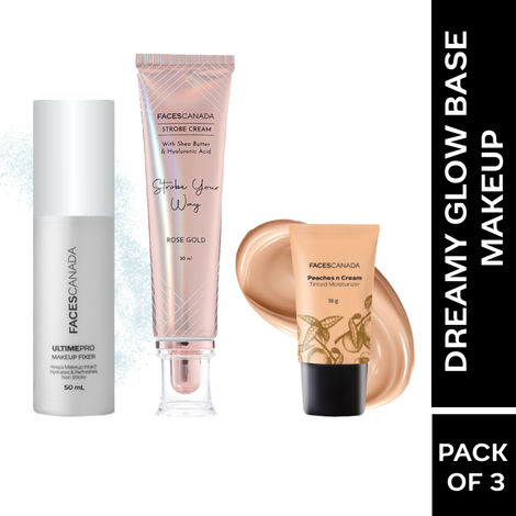 Buy FACES CANADA Dreamy Glow Base Makeup Combo - Peaches N Cream Tinted Moisturizer (Mini) - Light (18 gm) + Rose Gold Strobe Cream (30 ml) + Ultime Pro Makeup Fixer (50 ml)-Purplle