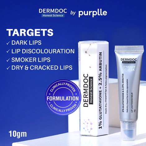 Buy DERMDOC LipBright Treatment 1% Glutathione + 2.5% Arbutin Lip Balm (10 gm) | Brightening Lip Balm for Chapped Lips, Pigmented Lips, & Smoker Lips-Purplle