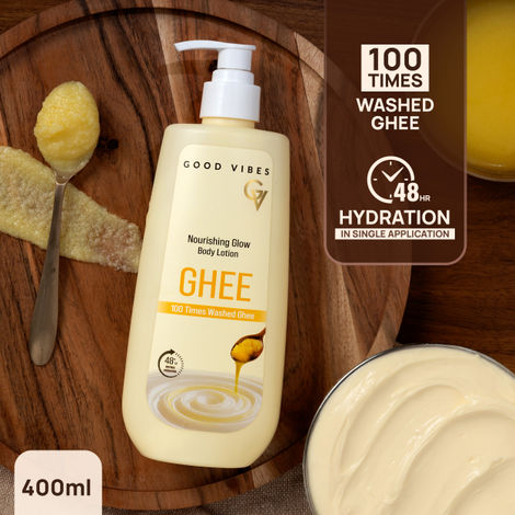 Buy Good Vibes Nourishing Glow Ghee Body Lotion with Shata Dhauta Ghrita (100 Times Washed Ghee) | 48-Hour Hydration in a Single Use | Skin Barrier Repair | Lightweight Non-Greasy Formula | Suitable for All Skin Types (400 ml)-Purplle